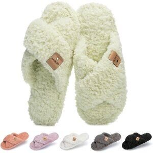 ⚡Women’s Light Green Faux Fur Cozy Fuzzy Cross Band Slippers House Shoes
